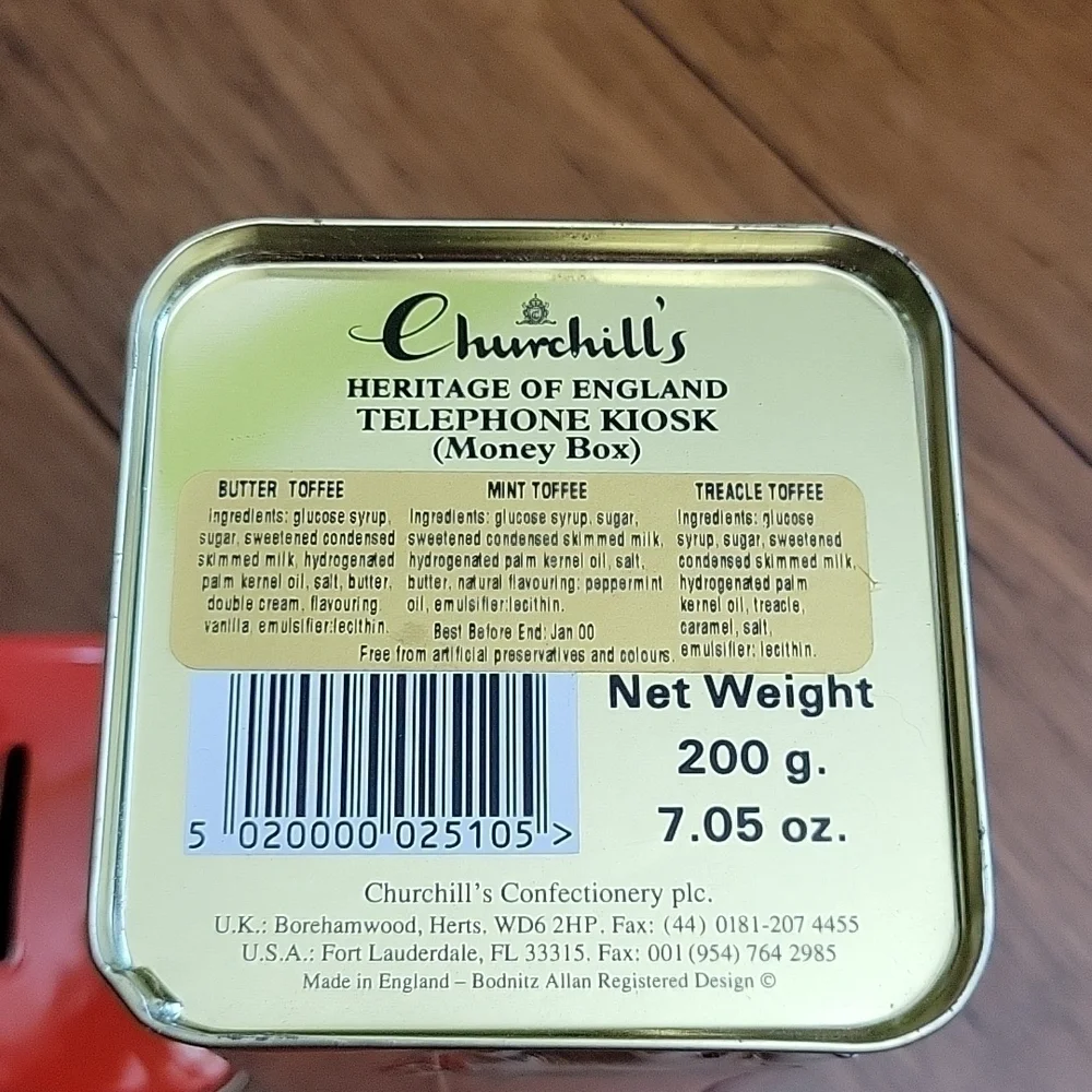 Vintage Churchill's Red Kiosk Telephone Booth Collectible Bank Tin